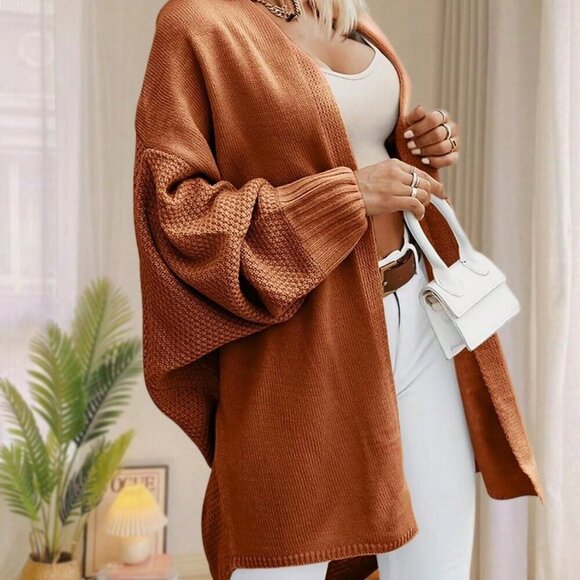 Brown Casual Women's Oversized Open Front Batwing Sleeve  Sweater Cardigan - Picture 5 of 6
